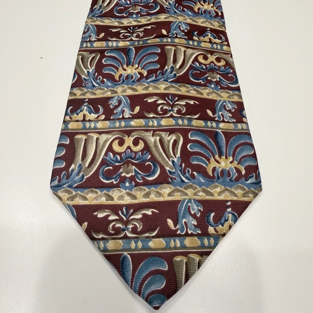 Metropolitan Museum of Art Silk Tie Burgundy Blue Gold Floral Scroll Pattern MMA